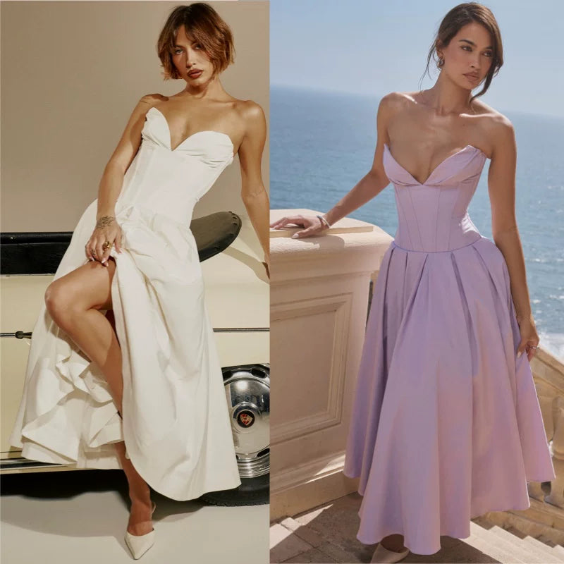 Xmzty | French Sexy Deep V Corset Tube Top Backless Evening Midi Dress for Women