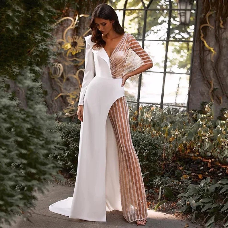 Xmzty | Ladylike Deep V Backless Sequin Lace Banquet Dress for Women