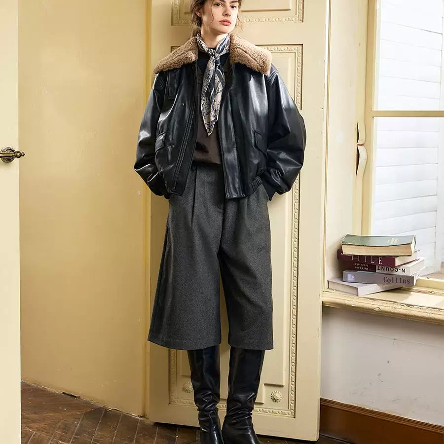 Xmzty | Retro Short Leather Biker Jacket with Fur One-Lapel