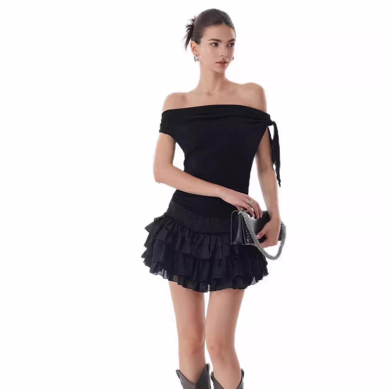 Xmzty | Black Ribbon Off-Shoulder Slim Mini Dress for Women