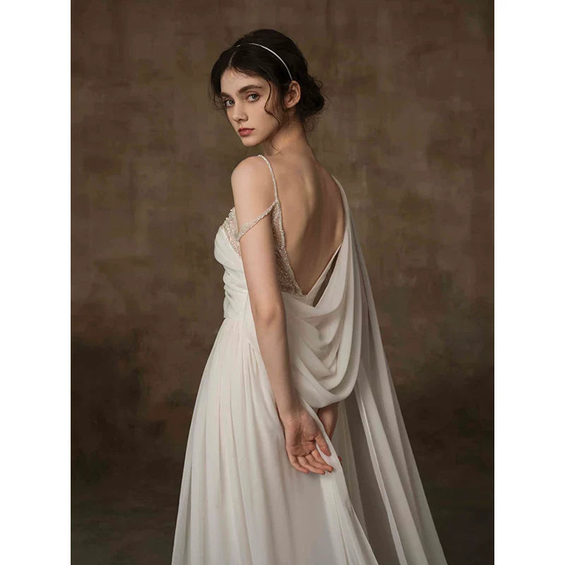 Xmzty | Simple White French-Inspired Light Luxury Wedding Dress with Veil