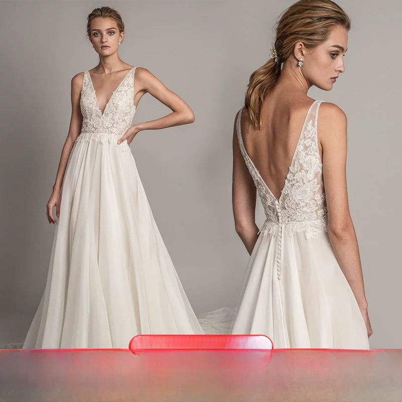 Xmzty | Double Shoulder Deep V Neck Lace Long Dress for Light Weddings