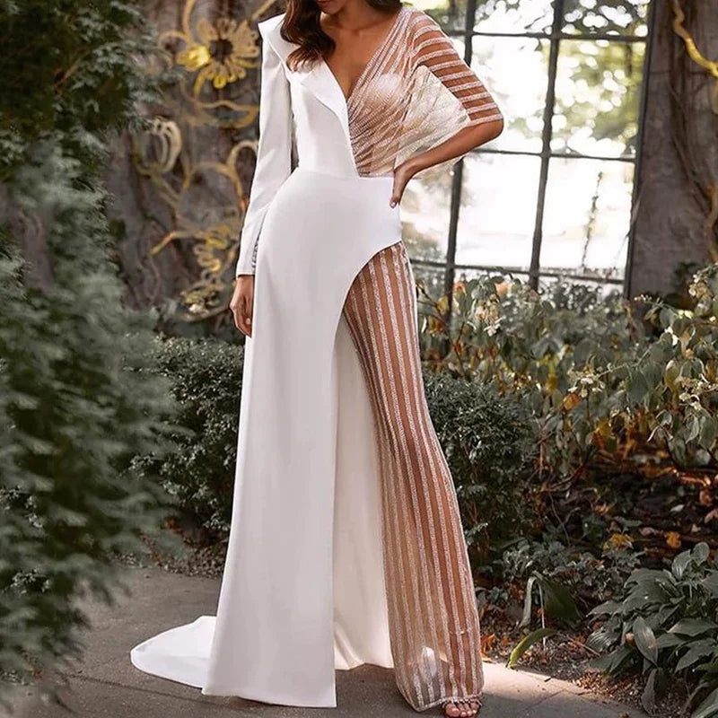 Xmzty | Ladylike Deep V Backless Sequin Lace Banquet Dress for Women