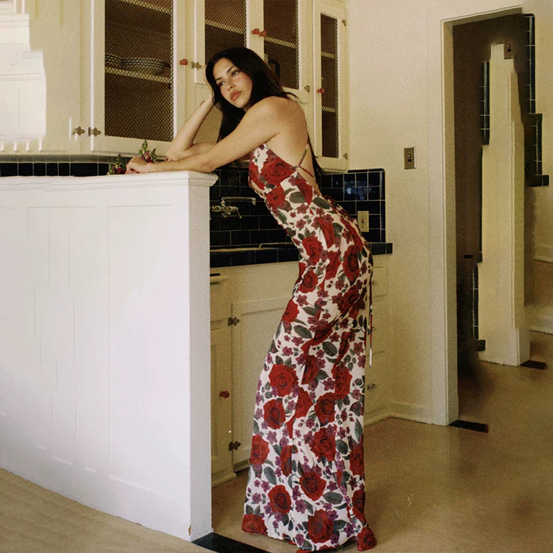 Xmzty | European-American Rose Print Backless Sling Maxi Dress for Summer Vacation