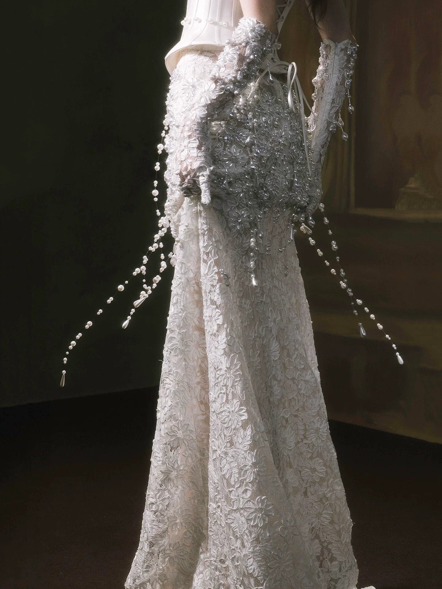 Xmzty | French Tube Top White Pearl Lace Fishtail Wedding Dress