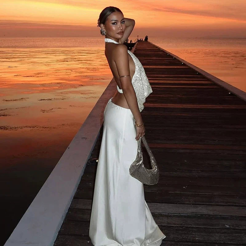 Xmzty | Romantic Galaxy Sunset Hanging Neck Suspender Dress for Women, Versatile Dinner Style