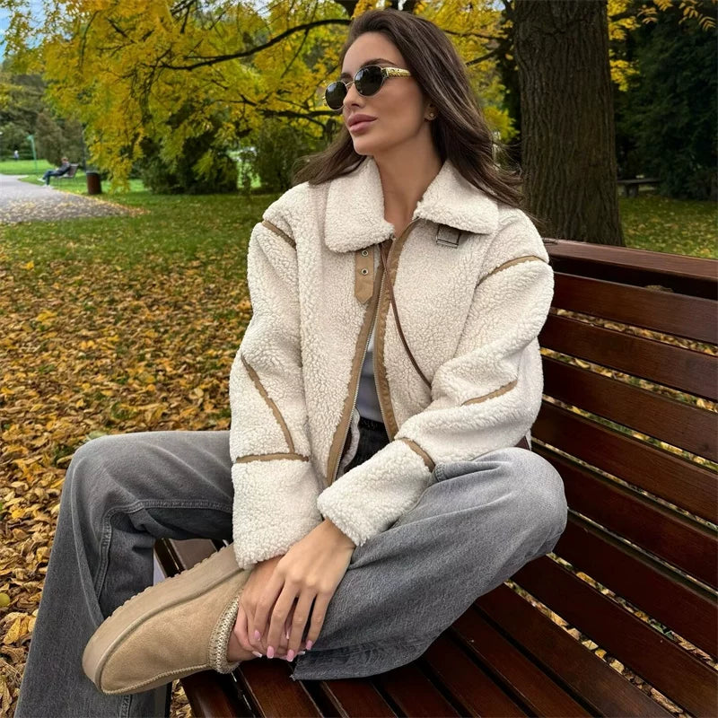 Xmzty | American Retro Motorcycle Jacket with Contrast Fleece Lapel