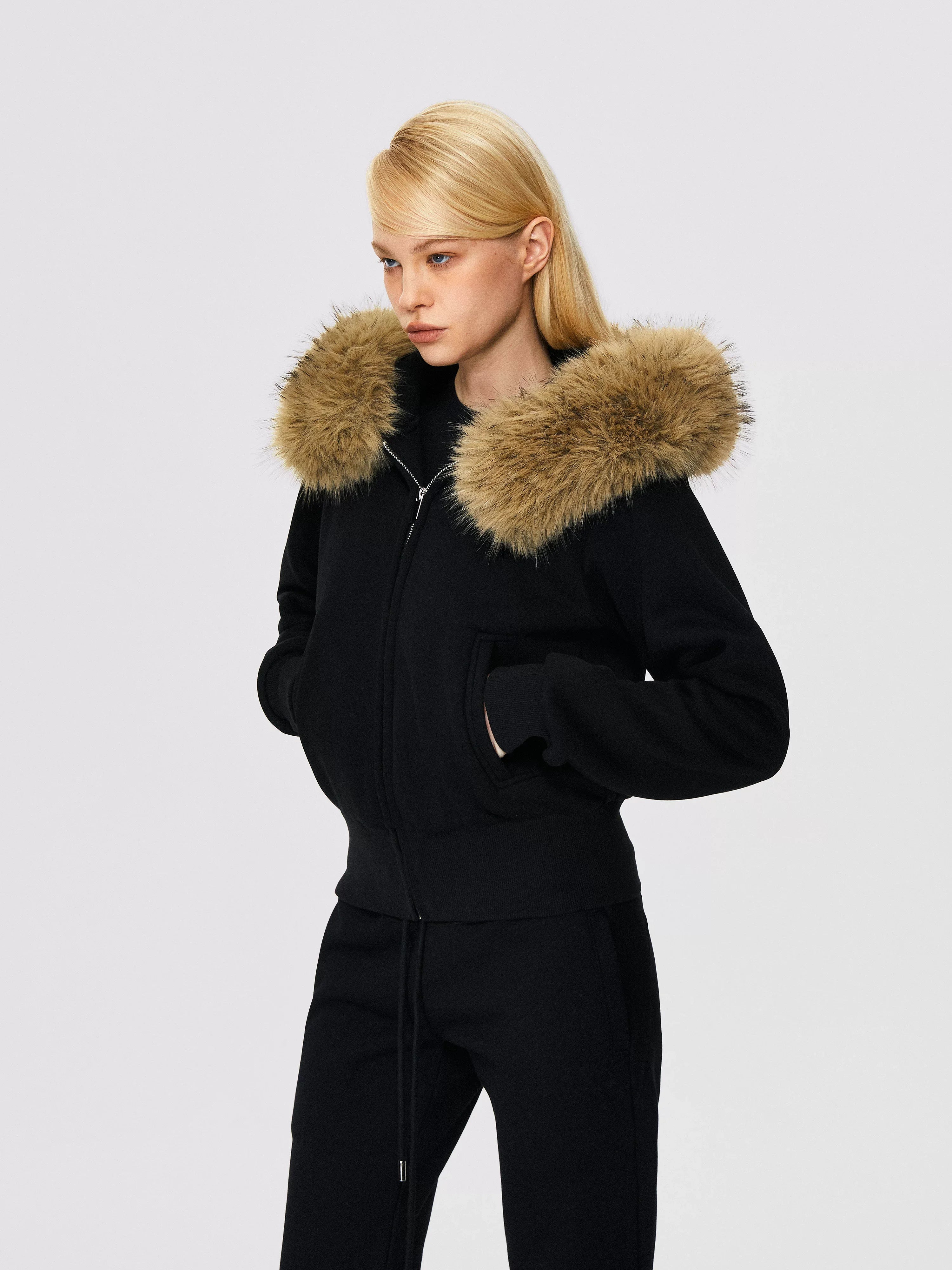 Xmzty | Fur-Lined Hooded Zipper Sweatshirt Jacket for Women