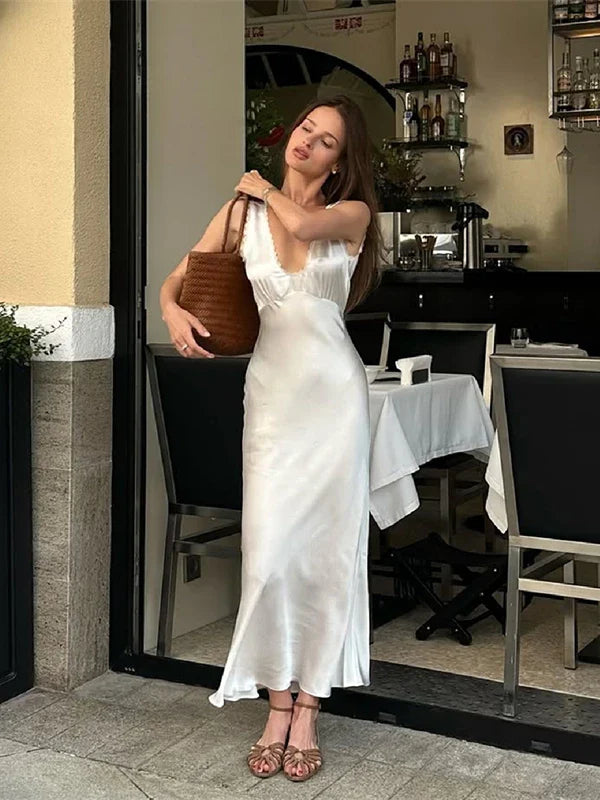 Xmzty | French Romantic Lace & Satin Deep V-Neck Suspender Maxi Dress for Women