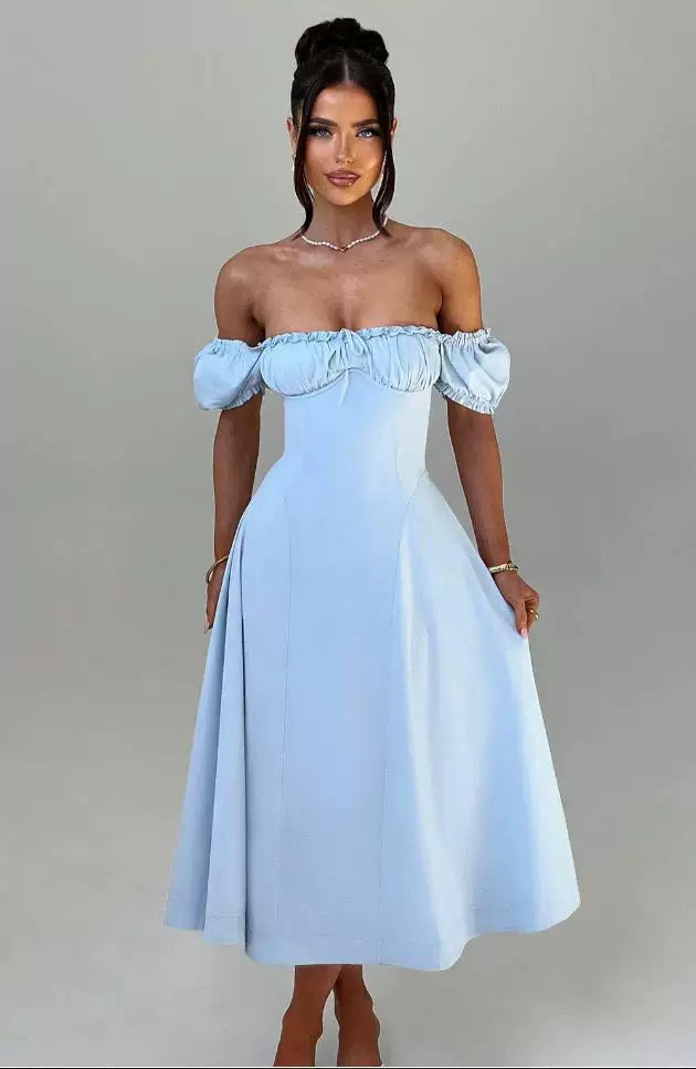 Xmzty | French Sweet One-Shoulder Puff Sleeve Midi Dress with Bow