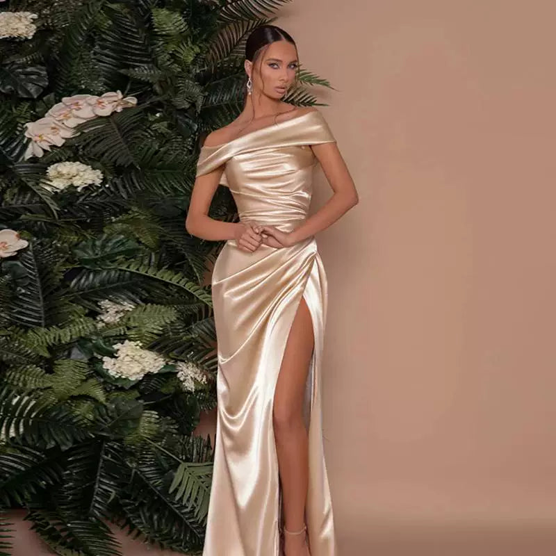 Xmzty | European-American One-Shoulder Satin Dress with Slit and Slim Long Skirt