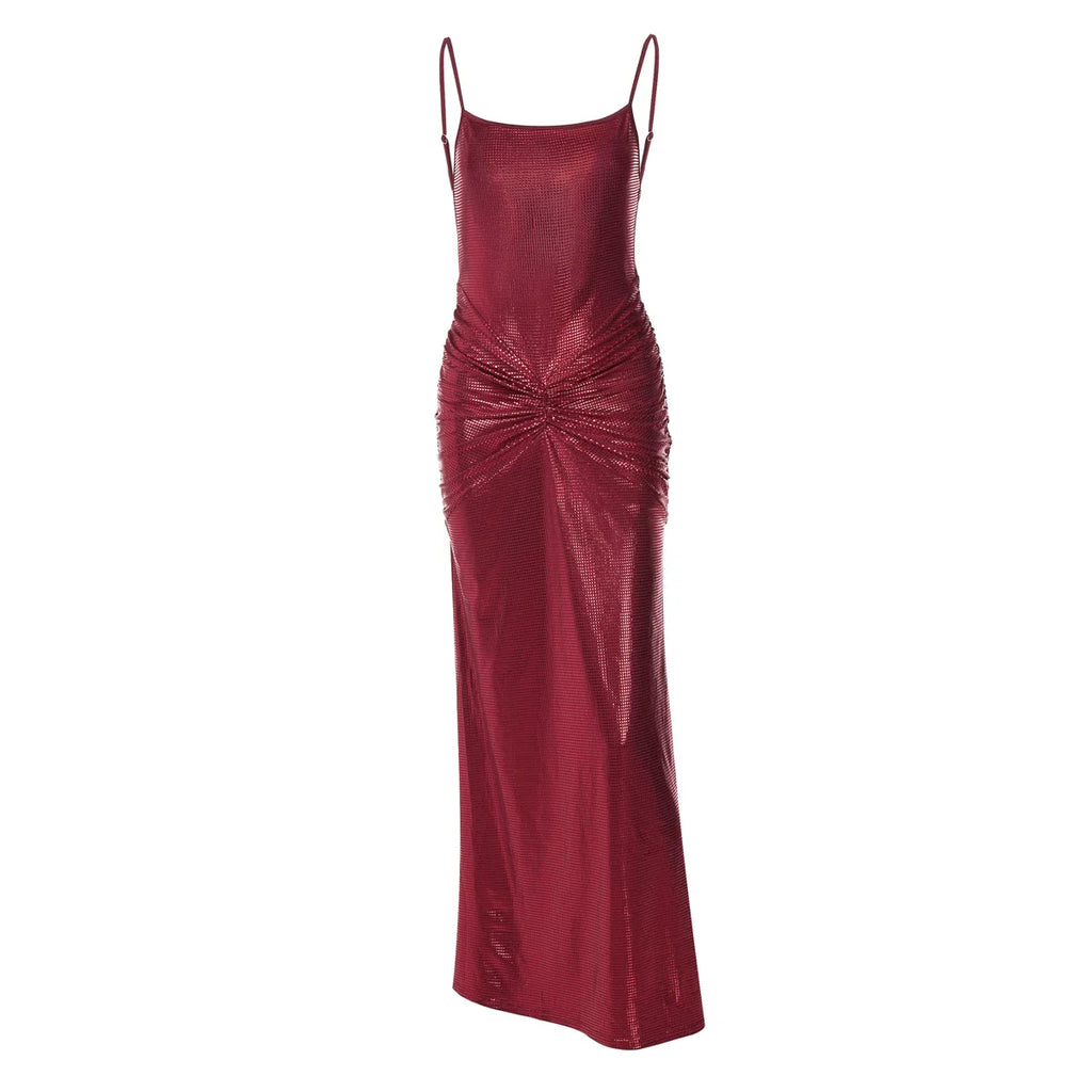Xmzty | Reflective Sequin Backless Suspender Maxi Dress with Pleated Waist