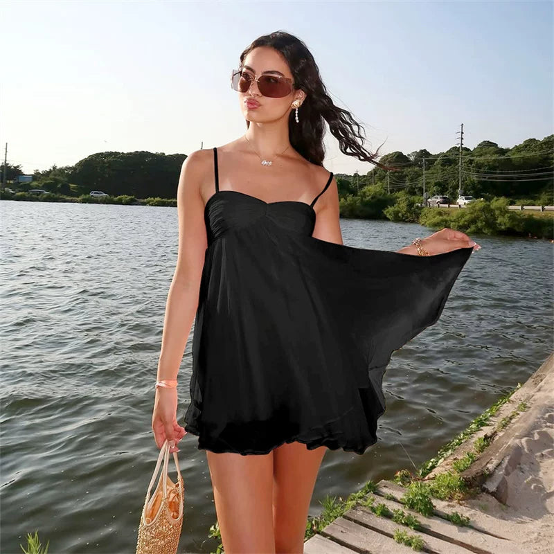 Xmzty | Pure Desire One-Shoulder High-Waist Chiffon A-Line Mini Dress for Women