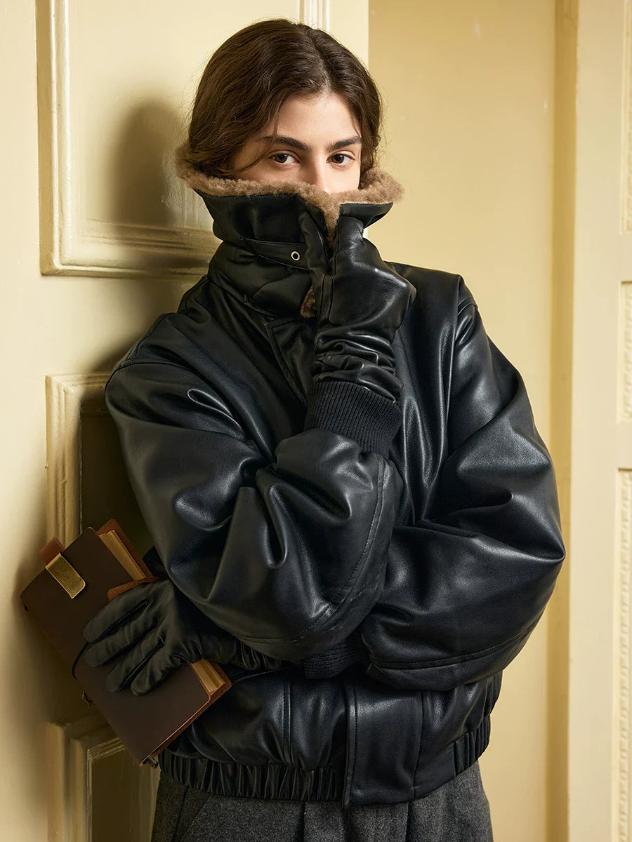 Xmzty | Retro Short Leather Biker Jacket with Fur One-Lapel