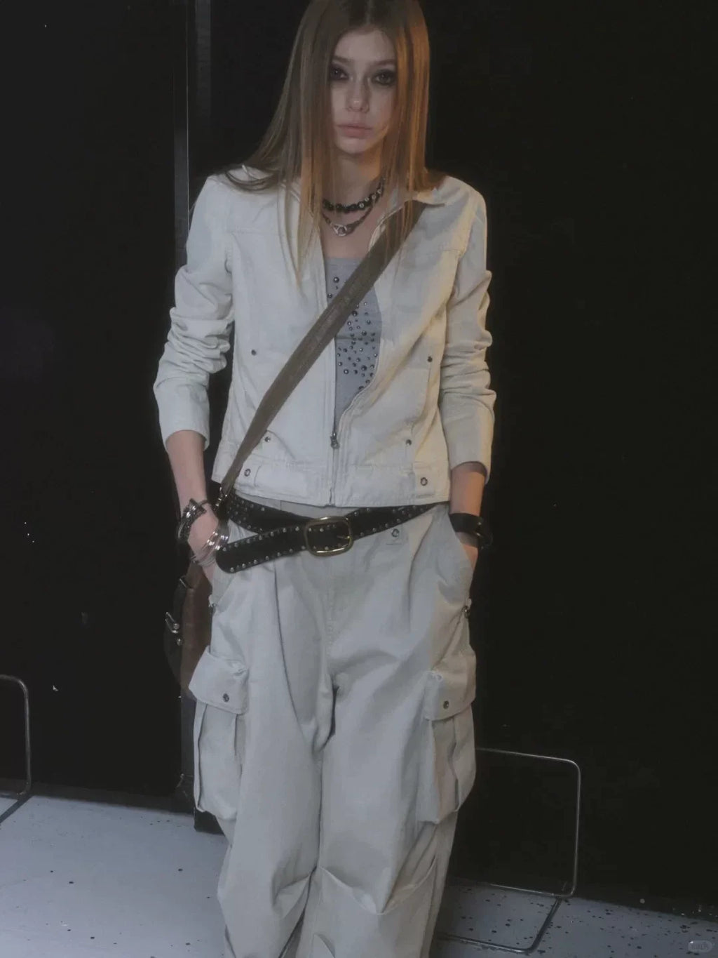 Xmzty | White Metallic Slim-Fit Zippered Punk Short Jacket