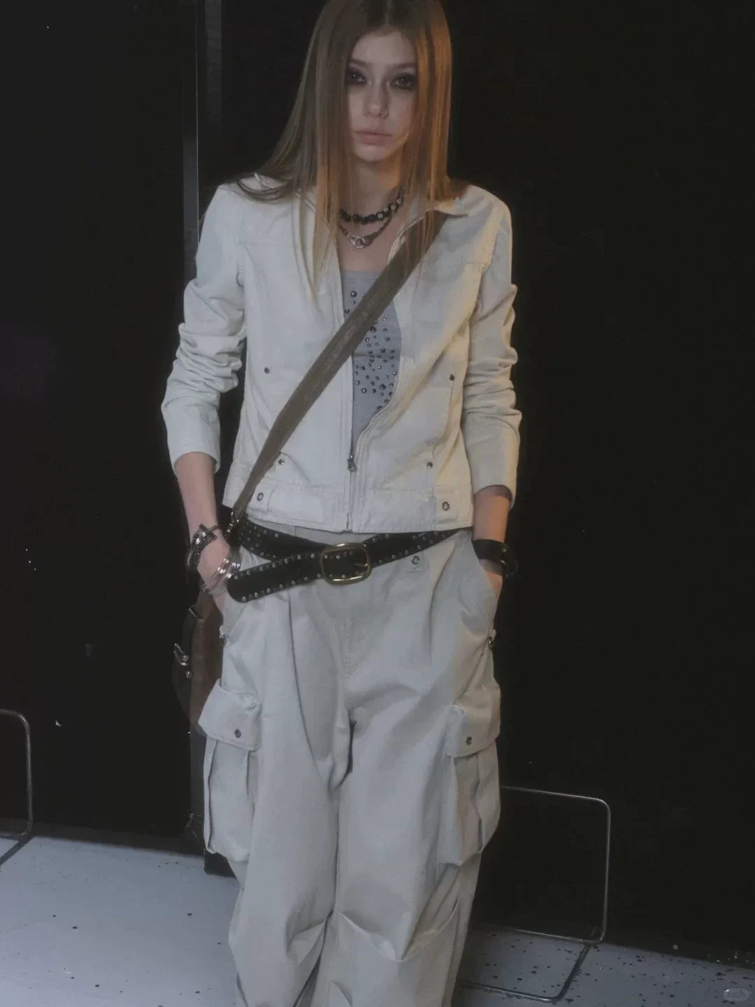 Xmzty | White Metallic Slim-Fit Zippered Punk Short Jacket