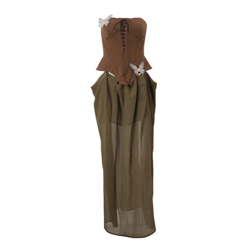 Xmzty | Elegant Brown Mesh Belted Suspender Maxi Dress for Women