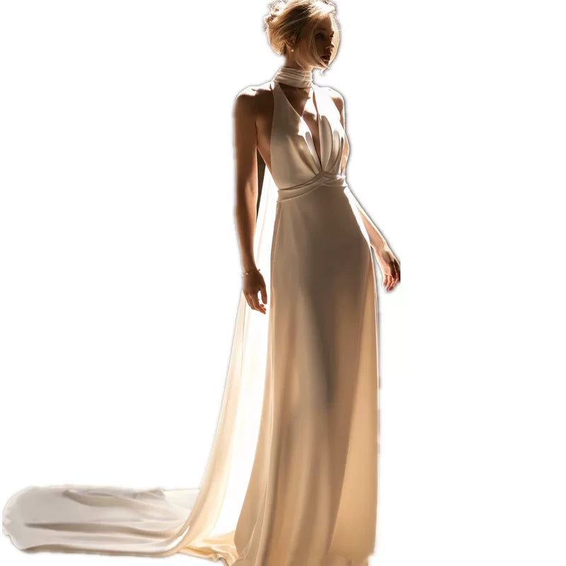 Xmzty | French Halter Neck White Wedding Dress with Slimming Tail and Veil