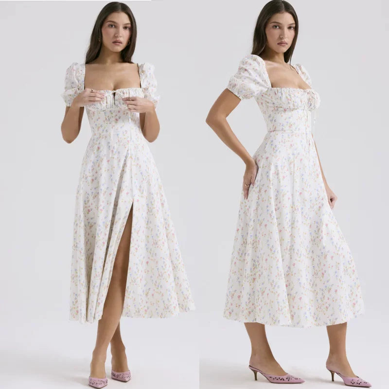 Xmzty | Watercolor Garden French Sweet Floral Square Neck Dress