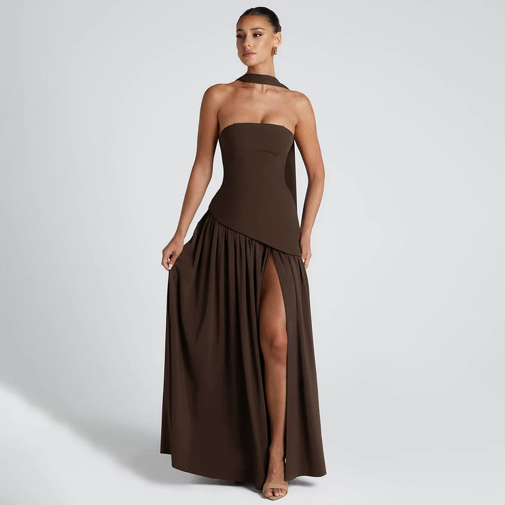 Xmzty | European-American One-Shoulder Tube Top High-Slit MIDI Dress for Women