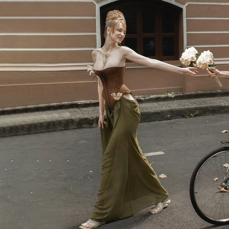 Xmzty | Elegant Brown Mesh Belted Suspender Maxi Dress for Women