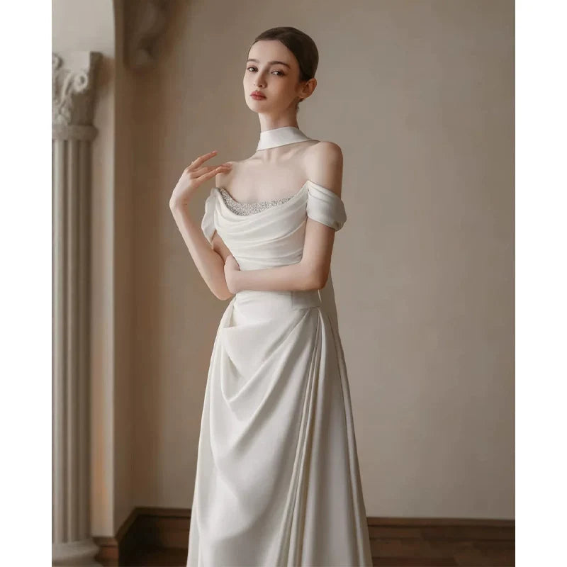 Xmzty | French One-Shoulder Light Luxury Wedding Dress with Satin Trailing Skirt