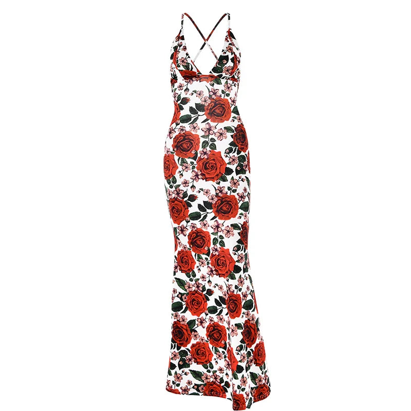Xmzty | European-American Rose Print Backless Sling Maxi Dress for Summer Vacation