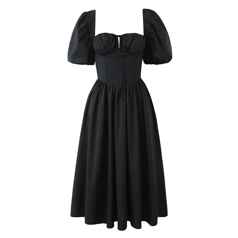 Xmzty | French Black Square Neck Puff Sleeve Waist Midi Dress