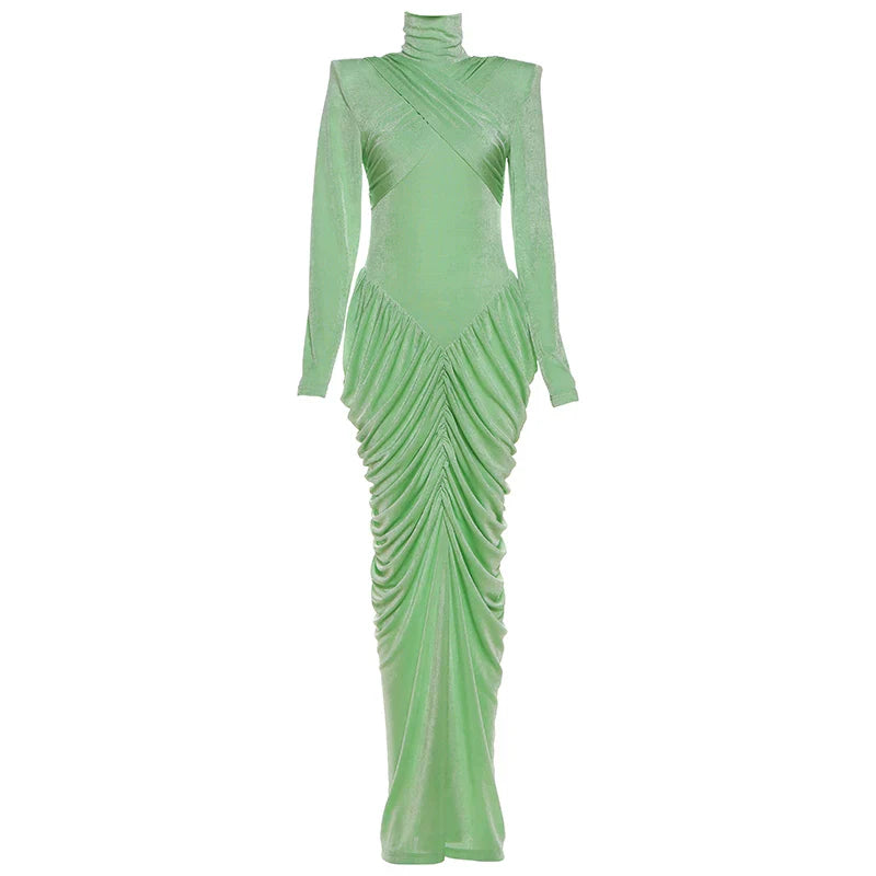 Xmzty | French-Inspired High Collar Long Sleeve Dress in Mint Green for Women, Slim Long Skirt