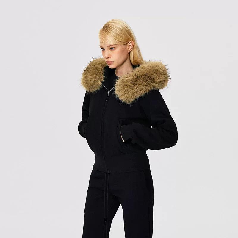 Xmzty | Fur-Lined Hooded Zipper Sweatshirt Jacket for Women