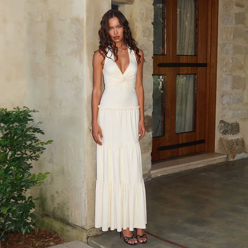 Xmzty | Resort Style Twist Neck Backless Sleeveless Long Dress