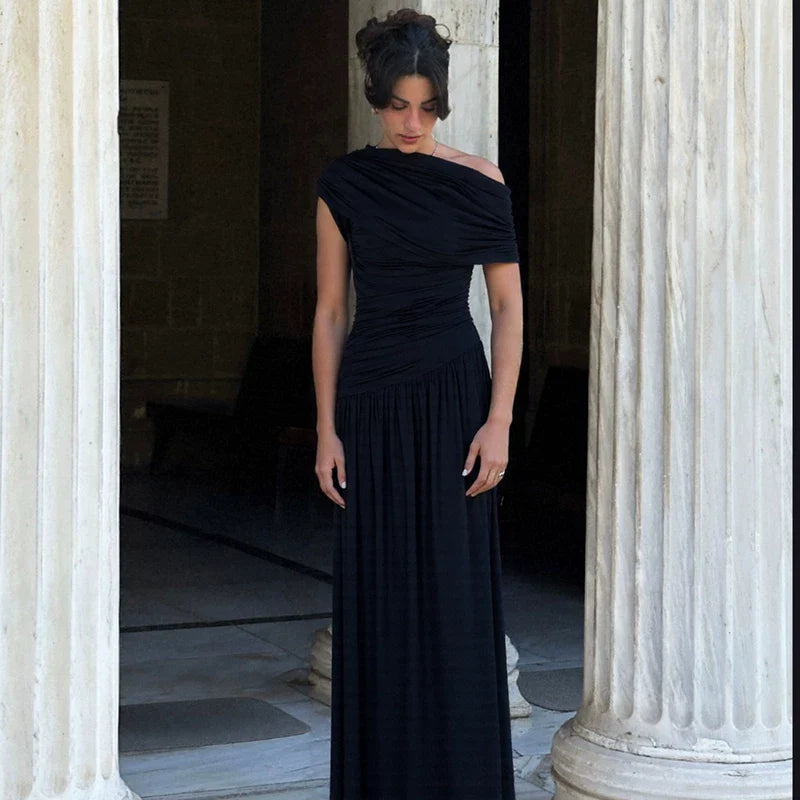 Xmzty | Irregular Off-Shoulder High-Waist Pleated Maxi Dress for Women