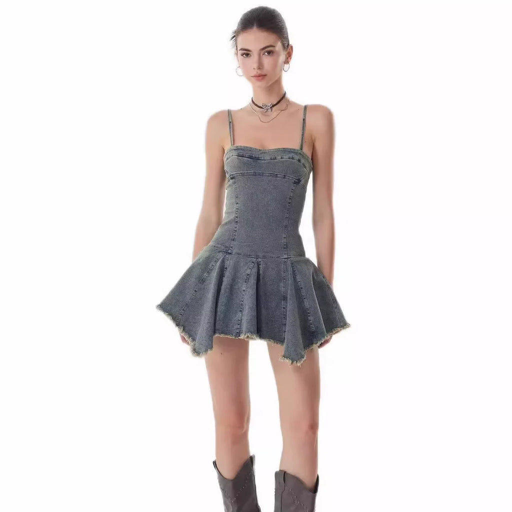 Xmzty | American Retro Denim Suspender Mini Dress with Waist-Defining Fit
