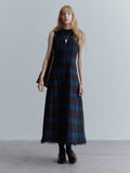 Xmzty | Blue Plaid Wool Dress with Mesh Stitching and Skirt Layering for Women