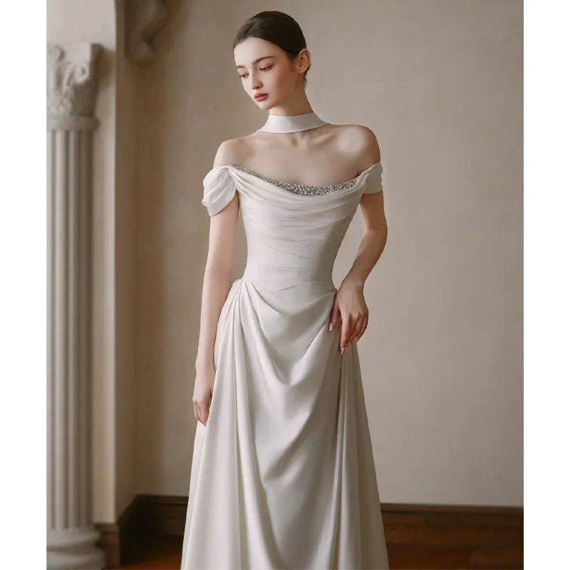 Xmzty | French One-Shoulder Light Luxury Wedding Dress with Satin Trailing Skirt