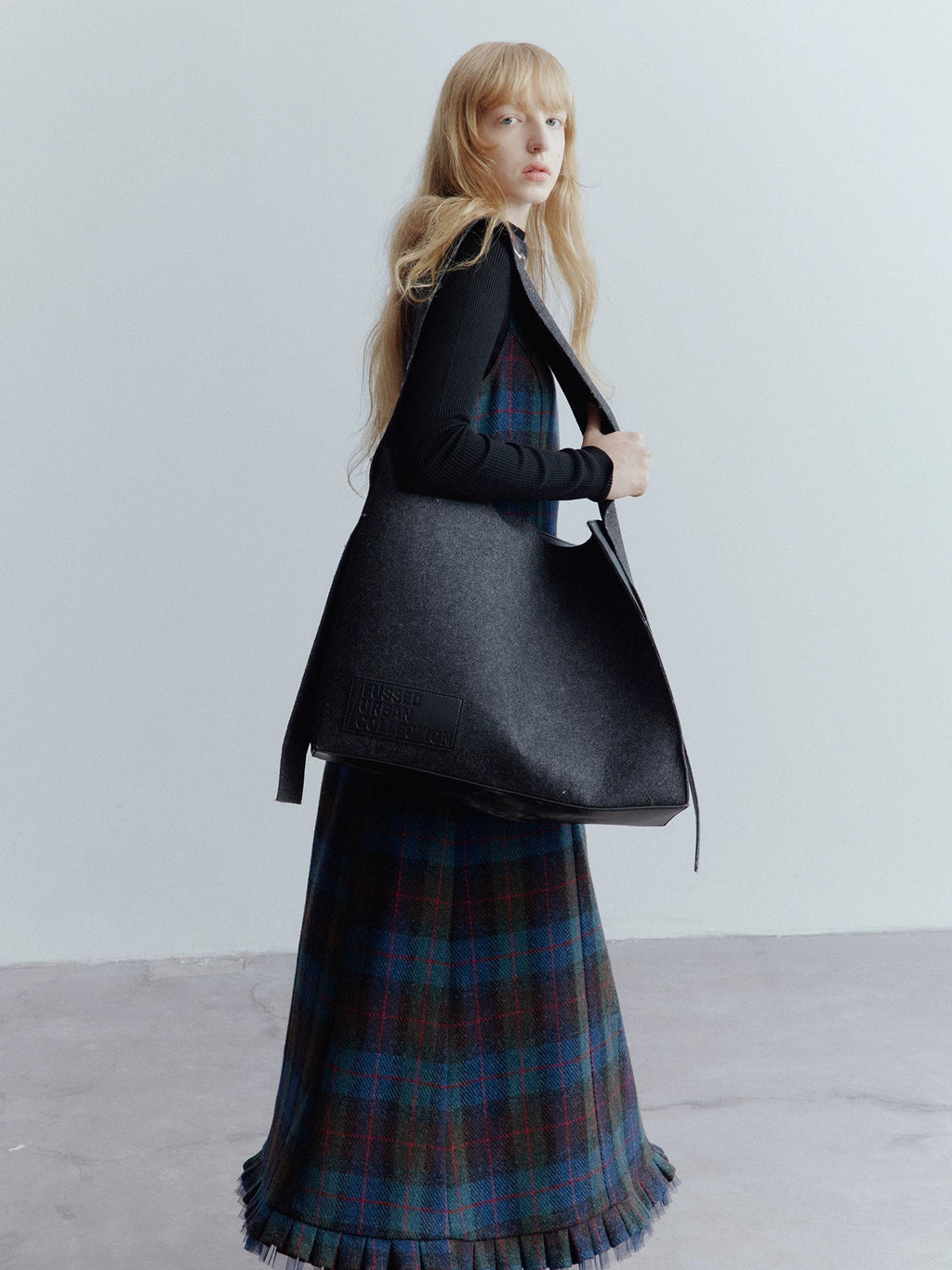 Xmzty | Blue Plaid Wool Dress with Mesh Stitching and Skirt Layering for Women