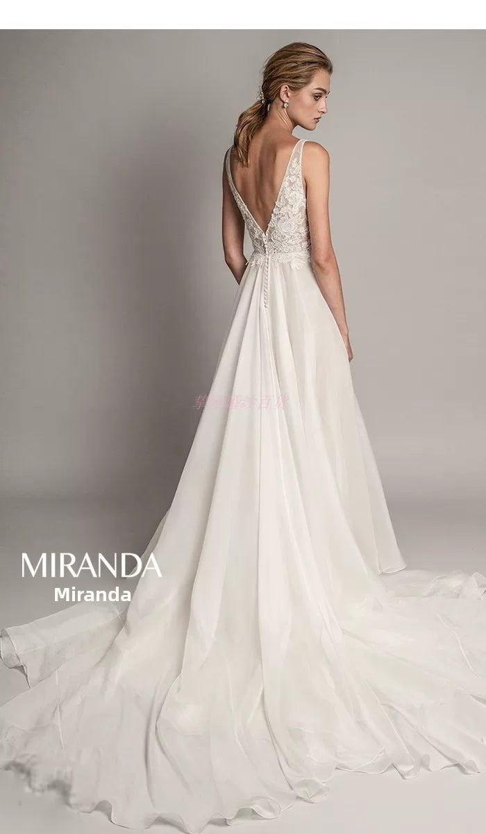 Xmzty | Double Shoulder Deep V Neck Lace Long Dress for Light Weddings