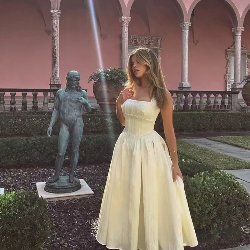 Xmzty | French High-End Lustrous Suspender Midi Dress with Waist-Defining Fit