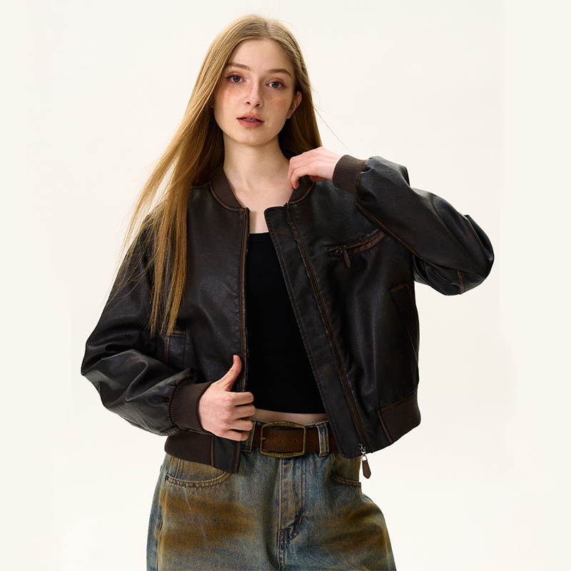 Xmzty | Retro Distressed Brown Leather Motorcycle Jacket