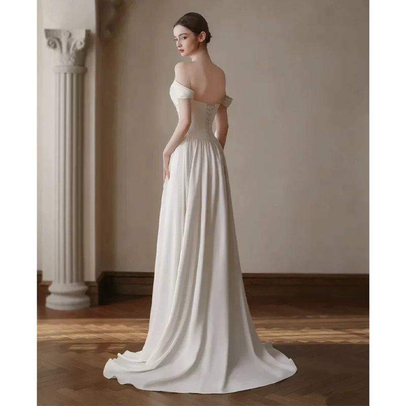 Xmzty | French One-Shoulder Light Luxury Wedding Dress with Satin Trailing Skirt