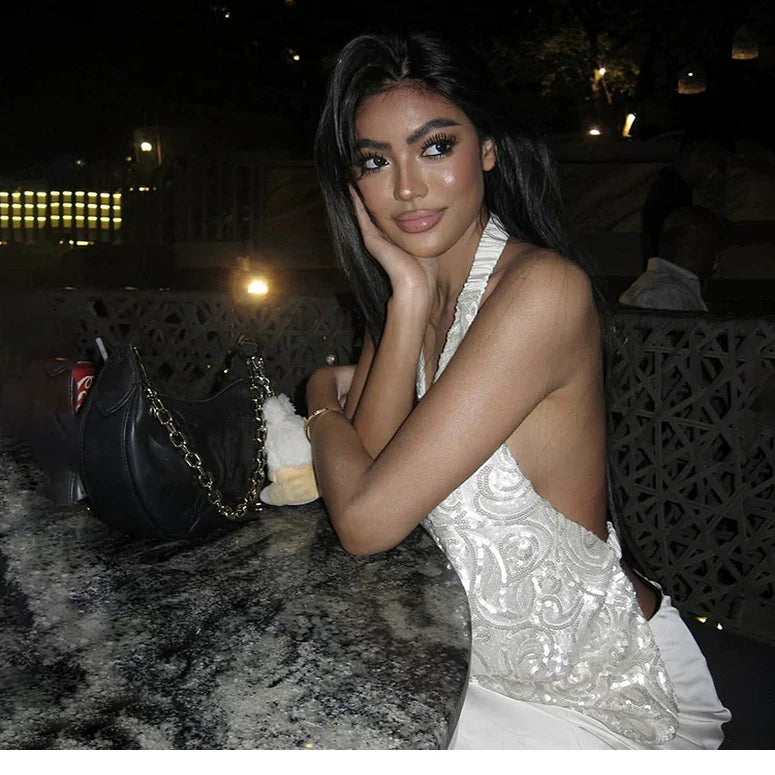 Xmzty | Romantic Galaxy Sunset Hanging Neck Suspender Dress for Women, Versatile Dinner Style