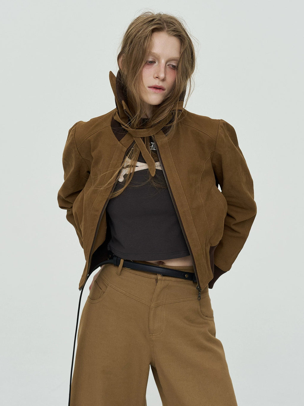 Xmzty | American-Style Cuban Collar Stitched Short Work Jacket for Women