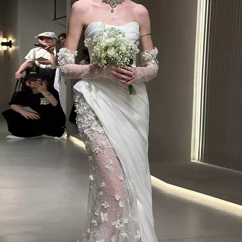 Xmzty | White Tube Top Light Luxury Wedding Dress with Fishtail Skirt