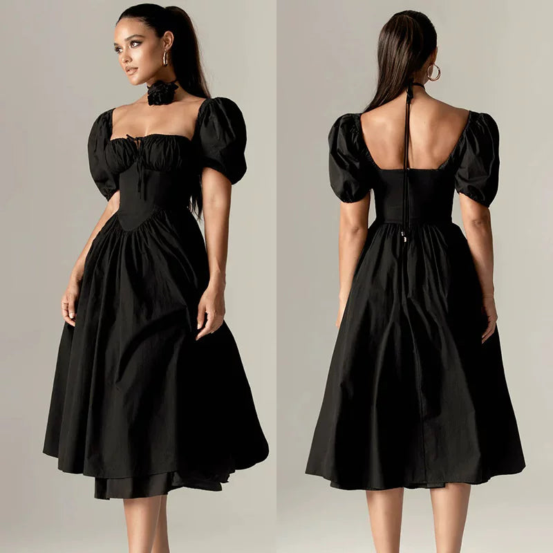 Xmzty | French Black Square Neck Puff Sleeve Waist Midi Dress