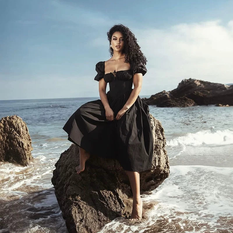 Xmzty | French Black Square Neck Puff Sleeve Waist Midi Dress