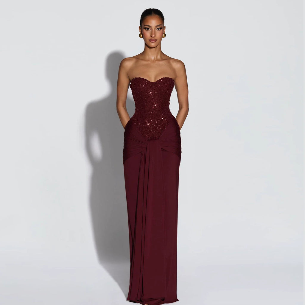Xmzty | American Glam Sequin Spliced Strapless Maxi Dress for Women