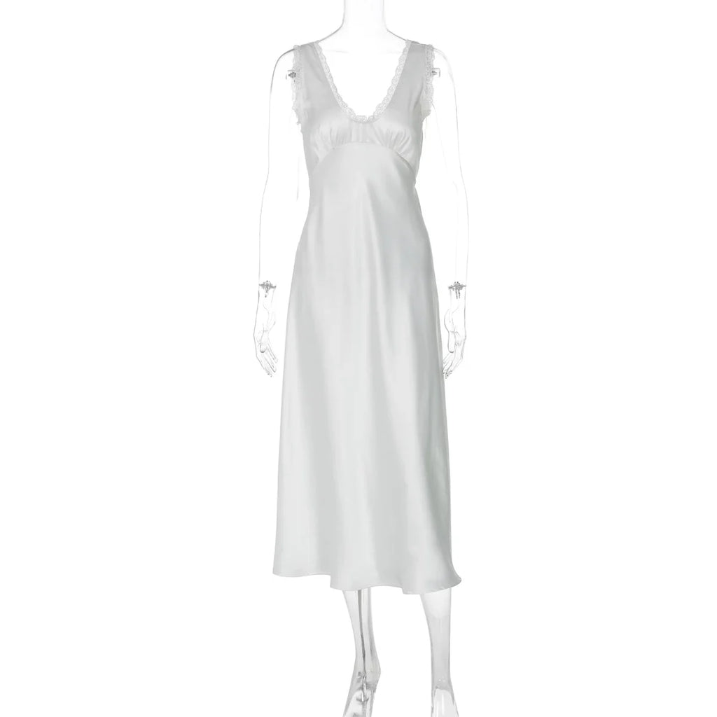 Xmzty | French Romantic Lace & Satin Deep V-Neck Suspender Maxi Dress for Women