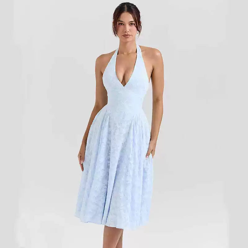 Xmzty | French Fairy Blue Jacquard V-Neck Backless Halter Holiday Dress for Women