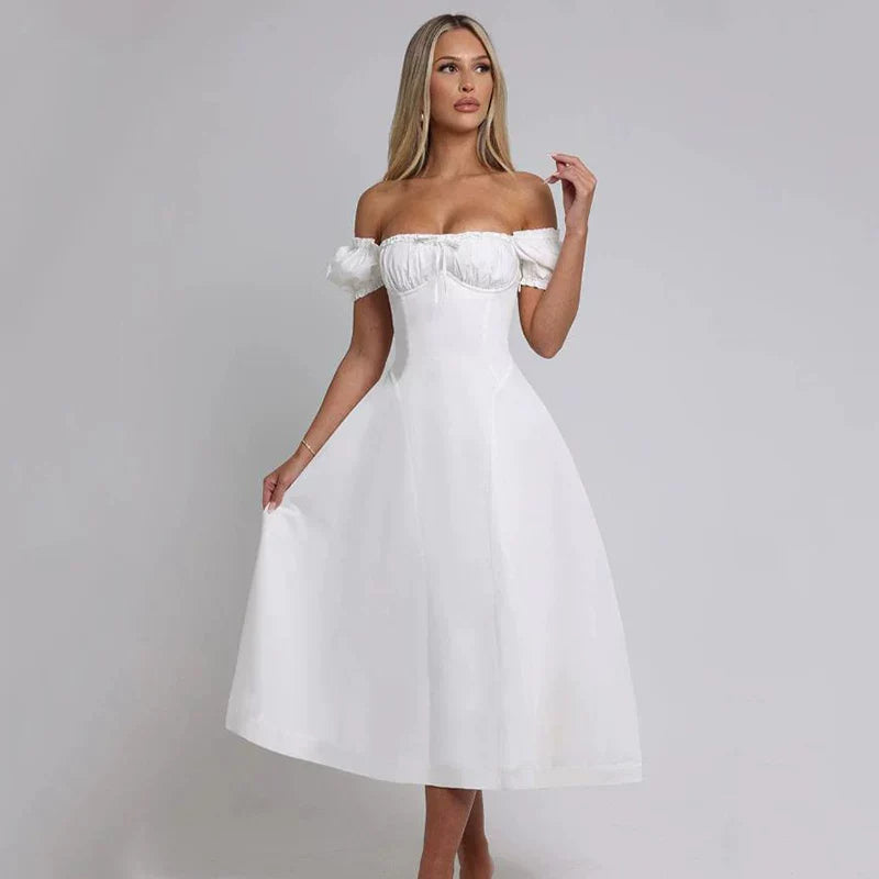 Xmzty | French Sweet One-Shoulder Puff Sleeve Midi Dress with Bow