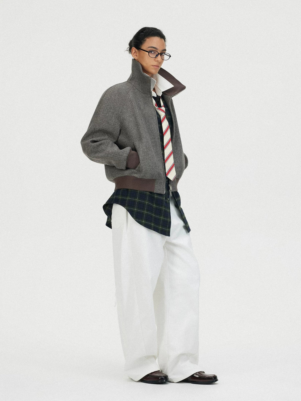 Xmzty | Herringbone Wool High-Collar Curved Shoulder Jacket